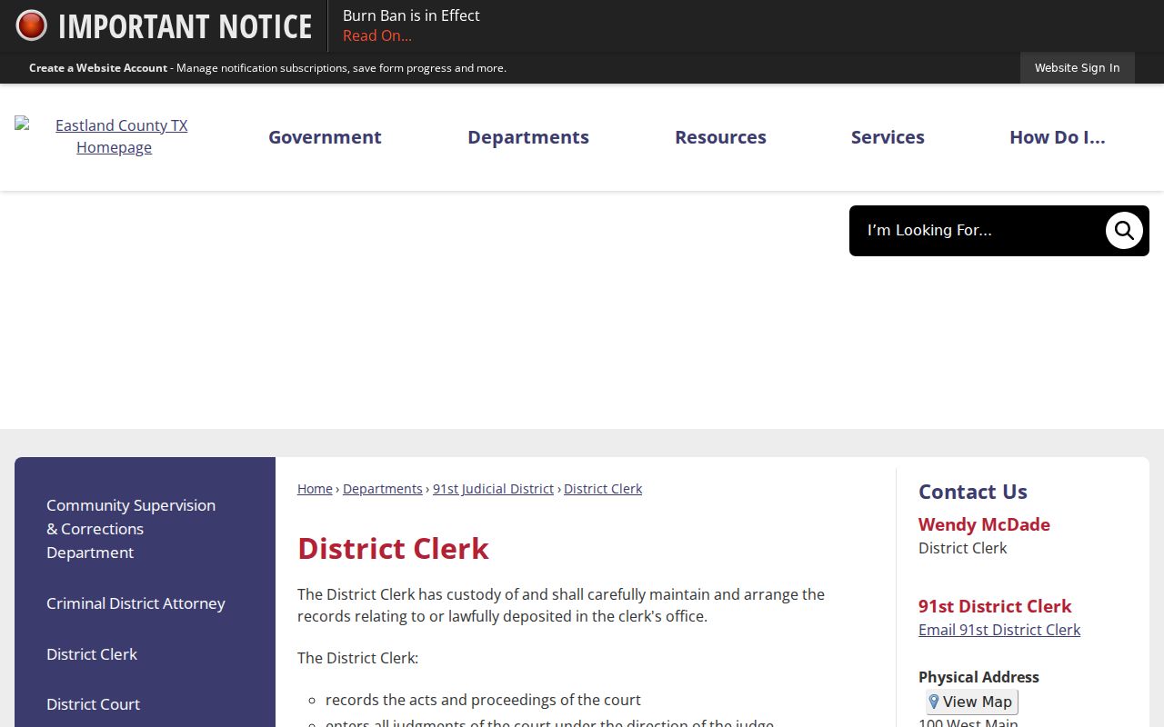 Eastland County warrant search, District Clerk office and records contact page