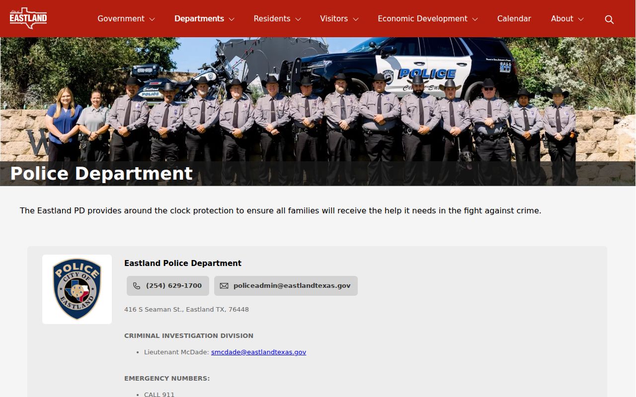 Eastland warrant records, City of Eastland Police Department public contact page