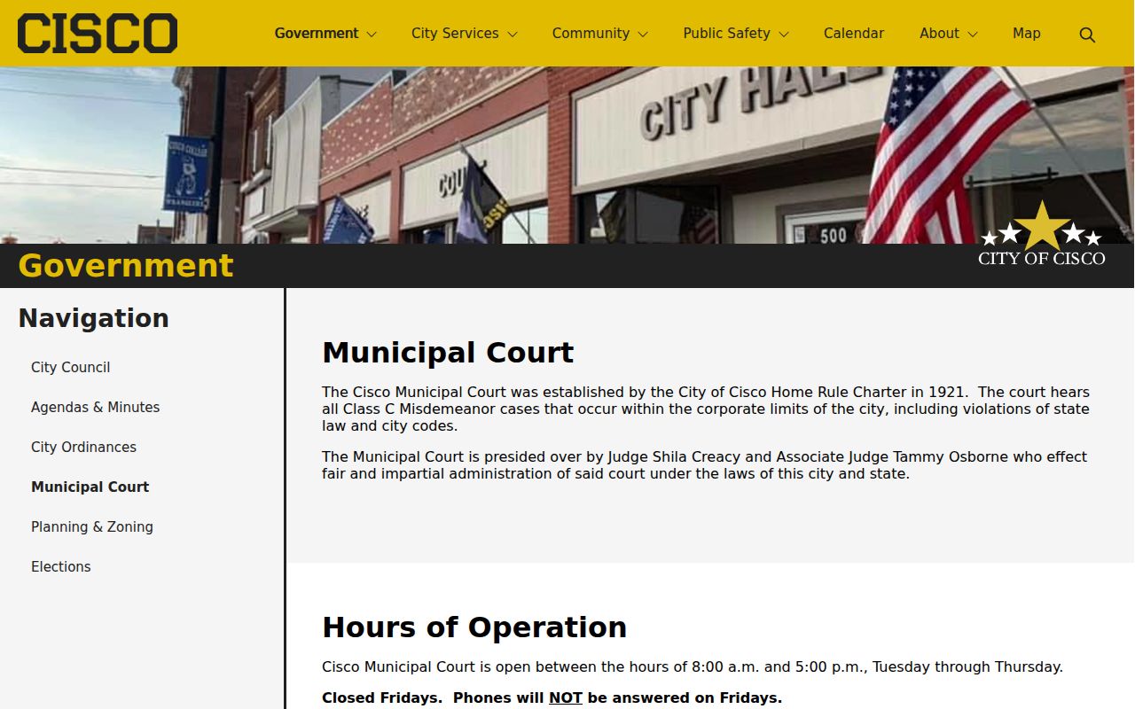Cisco warrant records, official municipal court page and case contact information