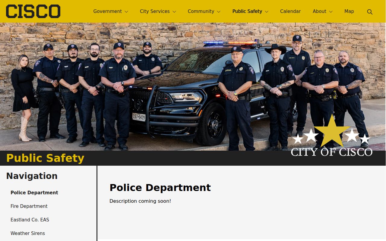 Cisco warrant records, Cisco Police public-safety page with no warrant search fields