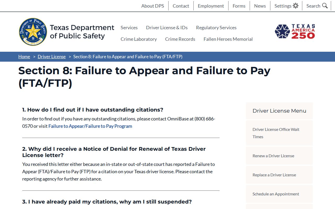 Eastland County traffic warrant guidance, DPS FAQ on failure to appear and pay