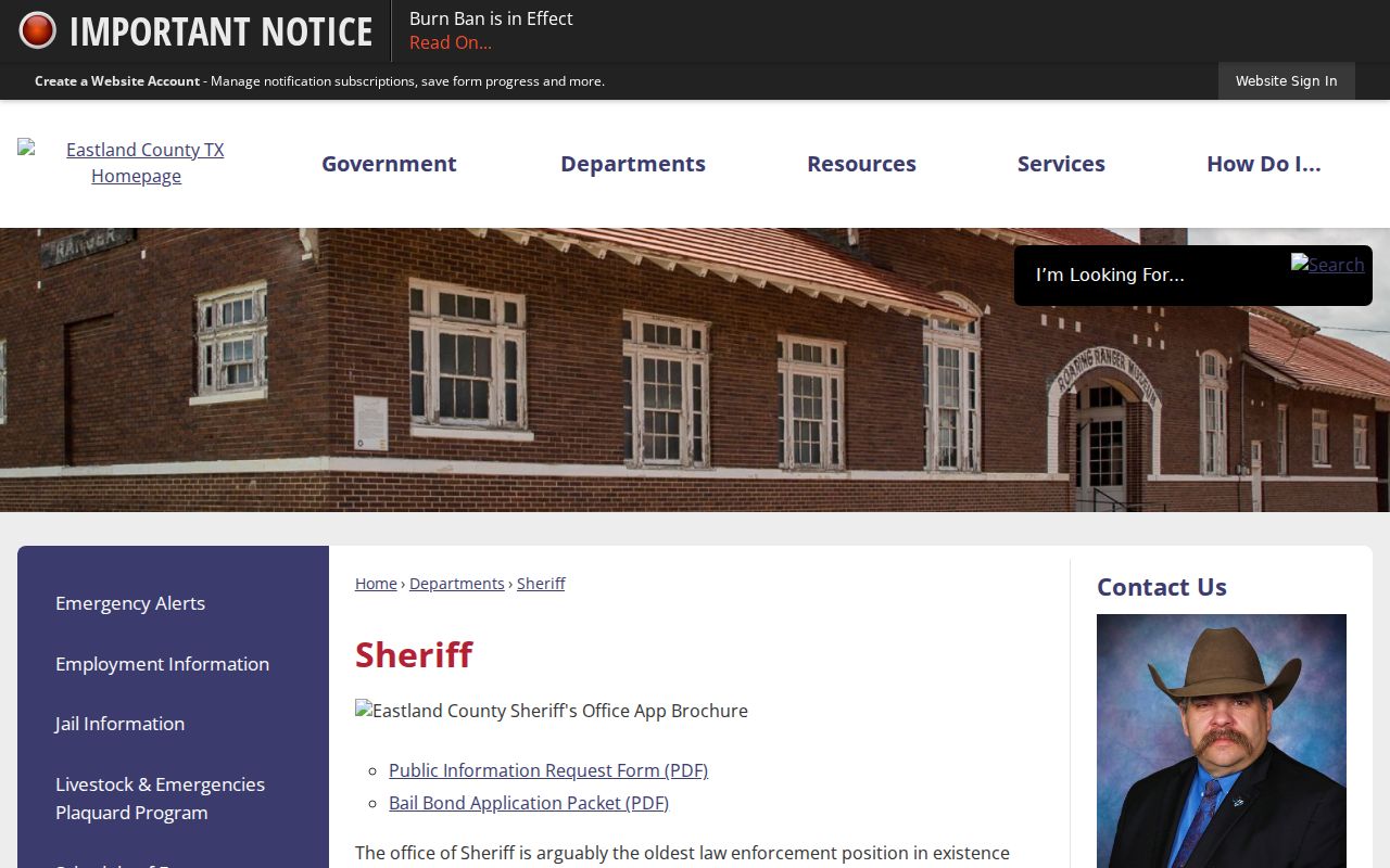 Eastland County warrant records, Sheriff office contacts and records forms